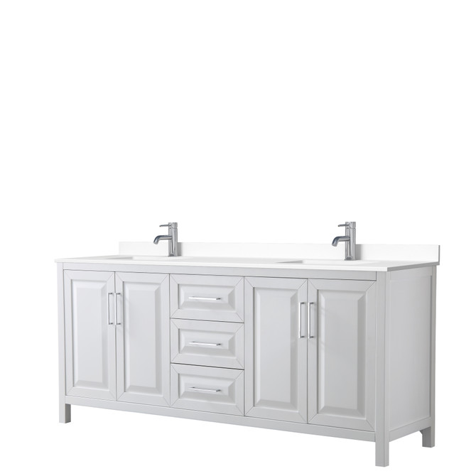 Daria 80 Inch Double Bathroom Vanity in White, White Cultured Marble Countertop, Undermount Square Sinks, No Mirror