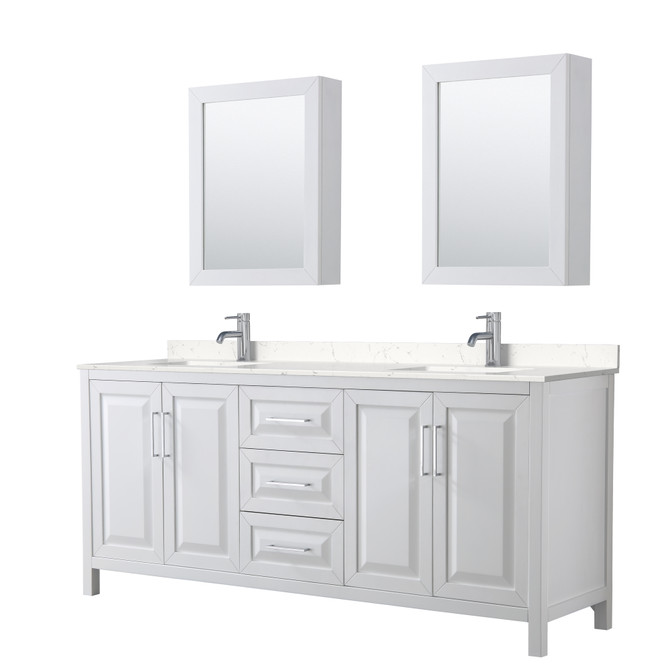 Daria 80 Inch Double Bathroom Vanity in White, Carrara Cultured Marble Countertop, Undermount Square Sinks, Medicine Cabinets