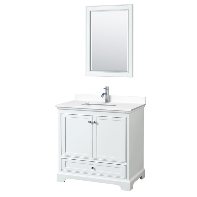 Deborah 36 Inch Single Bathroom Vanity in White, White Cultured Marble Countertop, Undermount Square Sink, 24 Inch Mirror