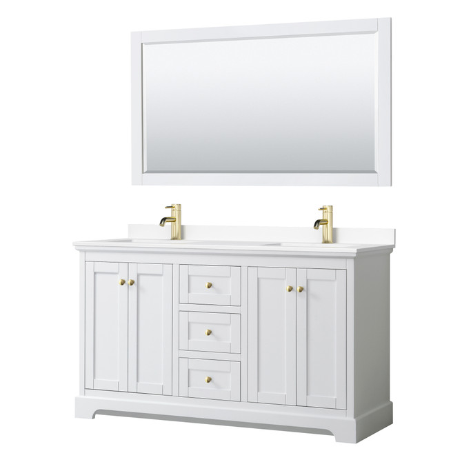 Avery 60 Inch Double Bathroom Vanity in White, White Cultured Marble Countertop, Undermount Square Sinks, 58 Inch Mirror, Brushed Gold Trim