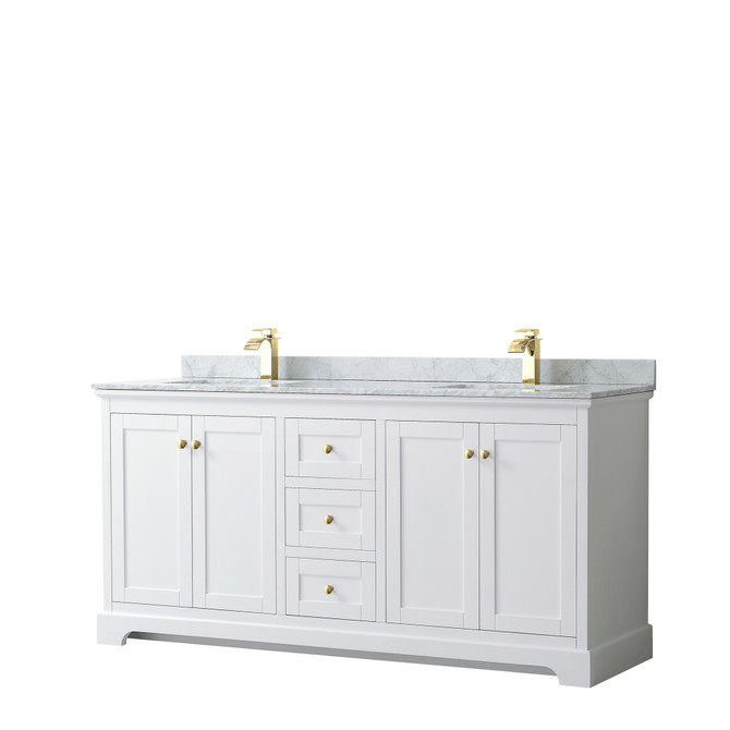 Avery 72 Inch Double Bathroom Vanity in White, White Carrara Marble Countertop, Undermount Square Sinks, Brushed Gold Trim