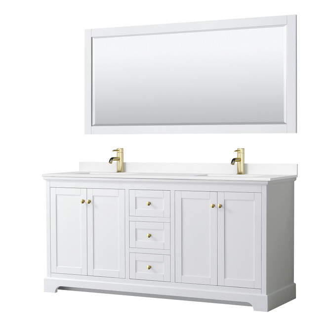 Avery 72 Inch Double Bathroom Vanity in White, White Cultured Marble Countertop, Undermount Square Sinks, 70 Inch Mirror, Brushed Gold Trim