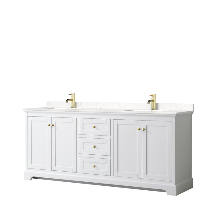 Avery 80 Inch Double Bathroom Vanity in White, Carrara Cultured Marble Countertop, Undermount Square Sinks, Brushed Gold Trim
