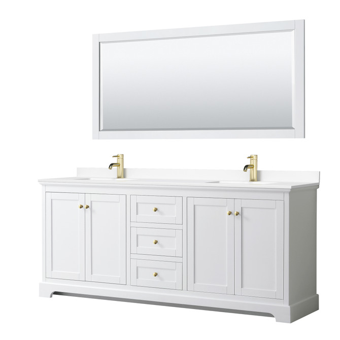 Avery 80 Inch Double Bathroom Vanity in White, White Cultured Marble Countertop, Undermount Square Sinks, 70 Inch Mirror, Brushed Gold Trim