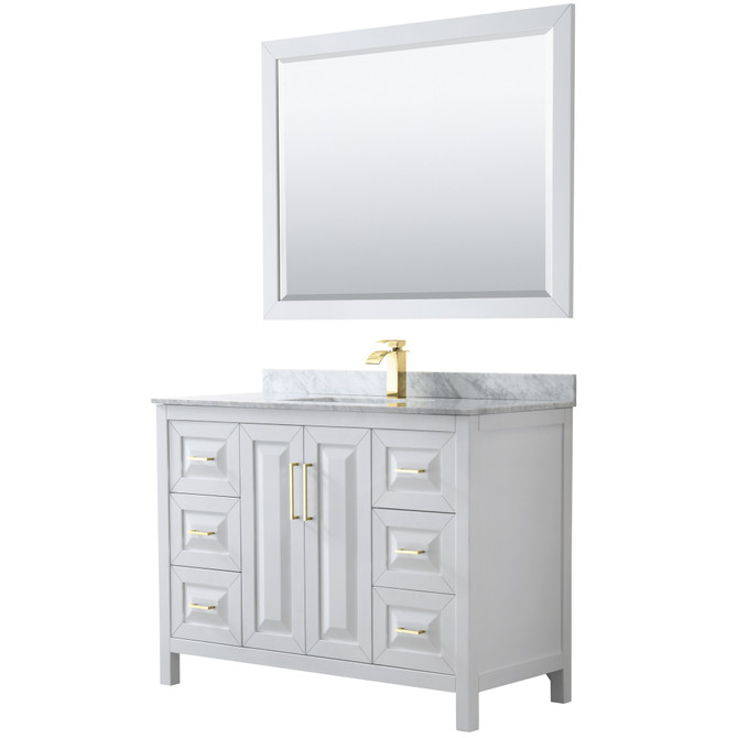 Daria 48 Inch Single Bathroom Vanity in White, White Carrara Marble Countertop, Undermount Square Sink, 46 Inch Mirror, Brushed Gold Trim