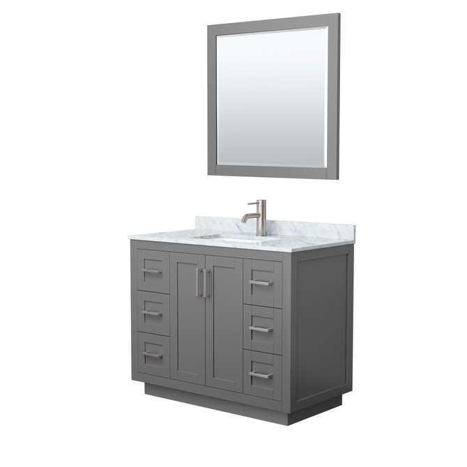 Miranda 42 Inch Single Bathroom Vanity in Dark Gray, White Carrara Marble Countertop, Undermount Square Sink, Brushed Nickel Trim, 34 Inch Mirror