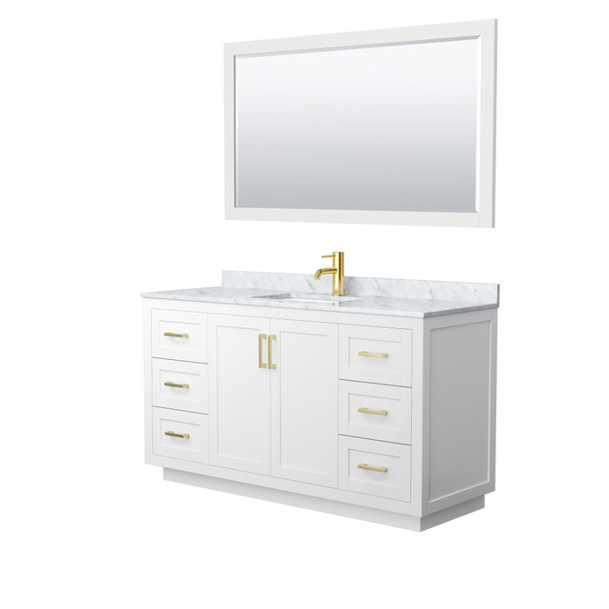 Miranda 60 Inch Single Bathroom Vanity in White, White Carrara Marble Countertop, Undermount Square Sink, Brushed Gold Trim, 58 Inch Mirror