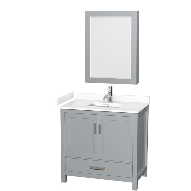 Sheffield 36 Inch Single Bathroom Vanity in Gray, White Cultured Marble Countertop, Undermount Square Sink, Medicine Cabinet