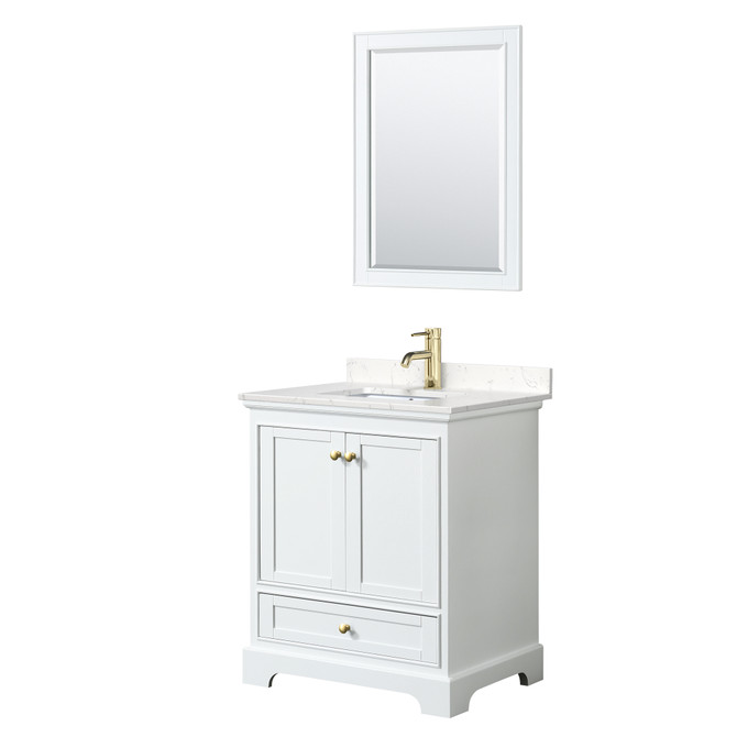 Deborah 30 Inch Single Bathroom Vanity in White, Carrara Cultured Marble Countertop, Undermount Square Sink, Brushed Gold Trim, 24 Inch Mirror
