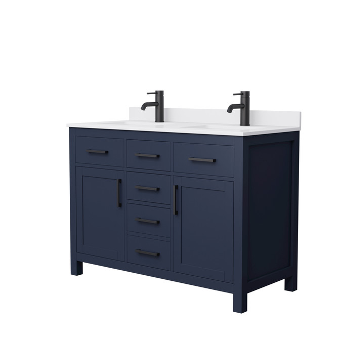 Beckett 48 Inch Double Bathroom Vanity in Dark Blue, White Cultured Marble Countertop, Undermount Square Sinks, Matte Black Trim