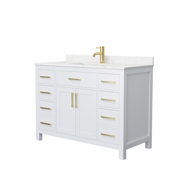Beckett 48 Inch Single Bathroom Vanity in White, Carrara Cultured Marble Countertop, Undermount Square Sink, Brushed Gold Trim
