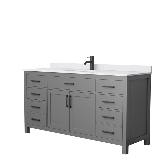 Beckett 66 Inch Single Bathroom Vanity in Dark Gray, White Cultured Marble Countertop, Undermount Square Sink, Matte Black Trim