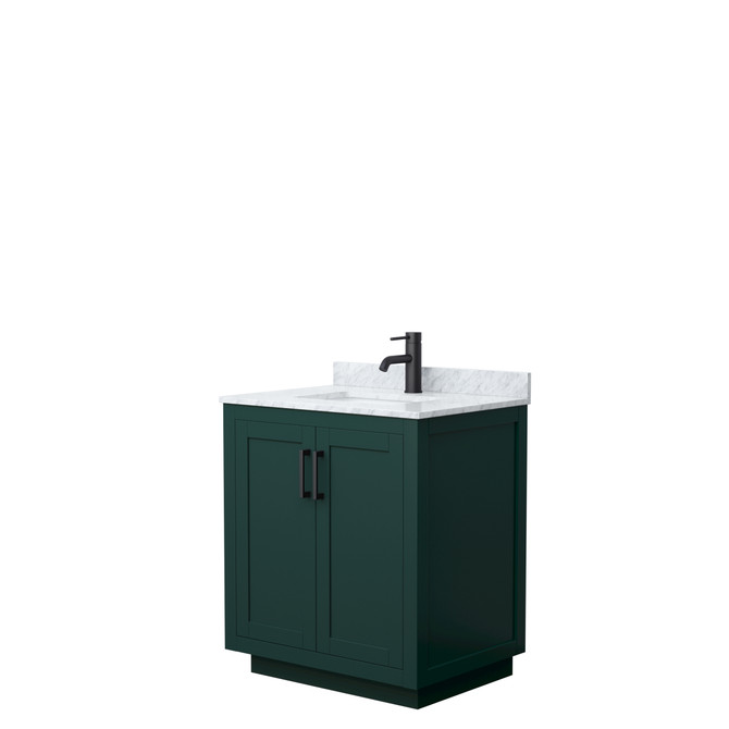 Miranda 30 Inch Single Bathroom Vanity in Green, White Carrara Marble Countertop, Undermount Square Sink, Matte Black Trim