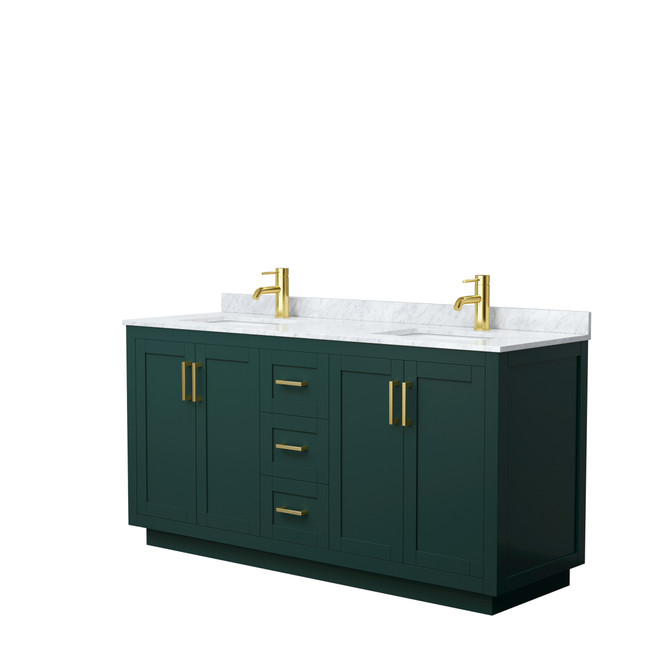 Miranda 66 Inch Double Bathroom Vanity in Green, White Carrara Marble Countertop, Undermount Square Sinks, Brushed Gold Trim