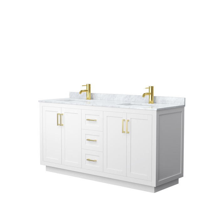 Miranda 66 Inch Double Bathroom Vanity in White, White Carrara Marble Countertop, Undermount Square Sinks, Brushed Gold Trim