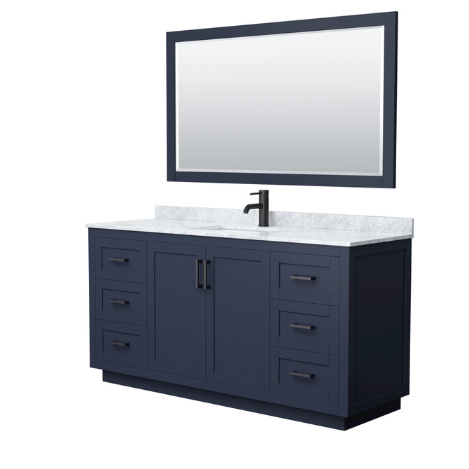 Miranda 66 Inch Single Bathroom Vanity in Dark Blue, White Carrara Marble Countertop, Undermount Square Sink, Matte Black Trim, 58 Inch Mirror