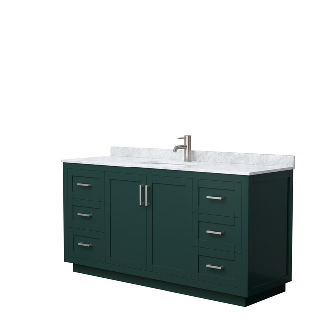 Miranda 66 Inch Single Bathroom Vanity in Green, White Carrara Marble Countertop, Undermount Square Sink, Brushed Nickel Trim