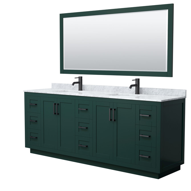 Miranda 84 Inch Double Bathroom Vanity in Green, White Carrara Marble Countertop, Undermount Square Sinks, Matte Black Trim, 70 Inch Mirror