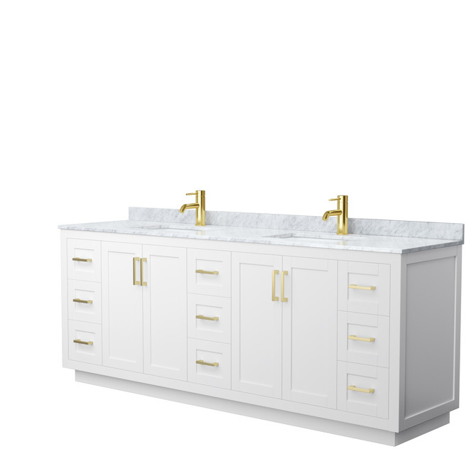 Miranda 84 Inch Double Bathroom Vanity in White, White Carrara Marble Countertop, Undermount Square Sinks, Brushed Gold Trim