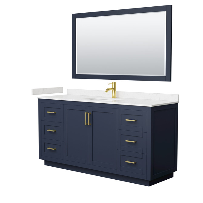 Miranda 66 Inch Single Bathroom Vanity in Dark Blue, Carrara Cultured Marble Countertop, Undermount Square Sink, Brushed Gold Trim, 58 Inch Mirror