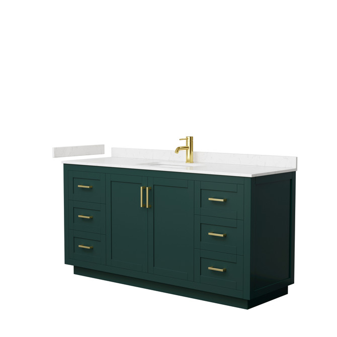 Miranda 66 Inch Single Bathroom Vanity in Green, Carrara Cultured Marble Countertop, Undermount Square Sink, Brushed Gold Trim