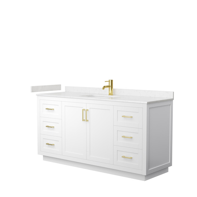 Miranda 66 Inch Single Bathroom Vanity in White, Carrara Cultured Marble Countertop, Undermount Square Sink, Brushed Gold Trim