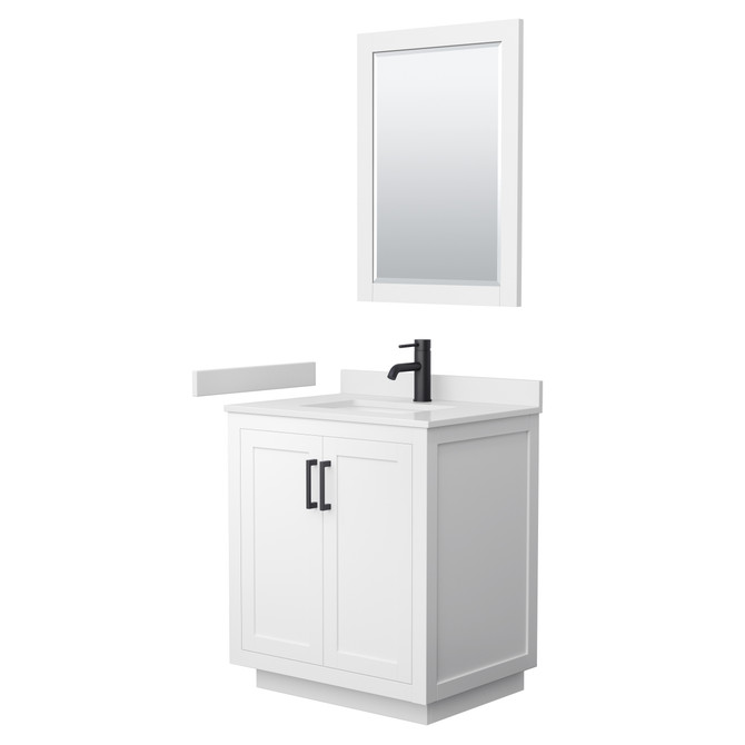 Miranda 30 Inch Single Bathroom Vanity in White, White Cultured Marble Countertop, Undermount Square Sink, Matte Black Trim, 24 Inch Mirror