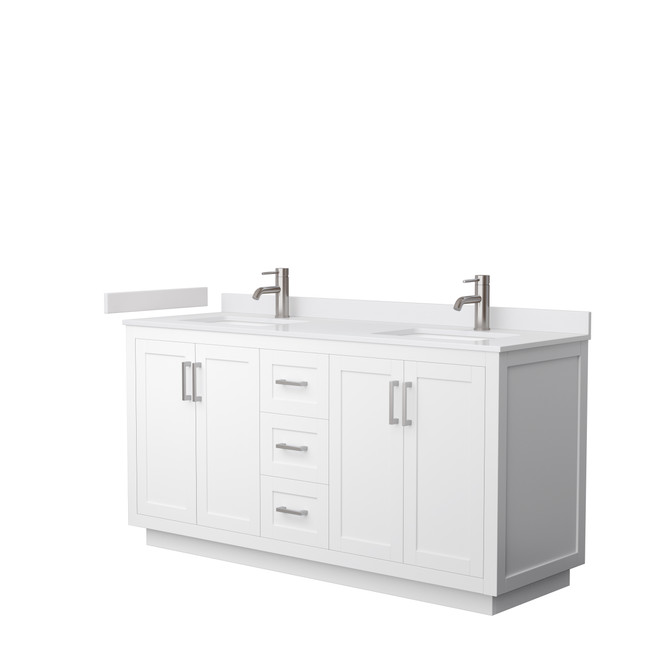 Miranda 66 Inch Double Bathroom Vanity in White, White Cultured Marble Countertop, Undermount Square Sinks, Brushed Nickel Trim