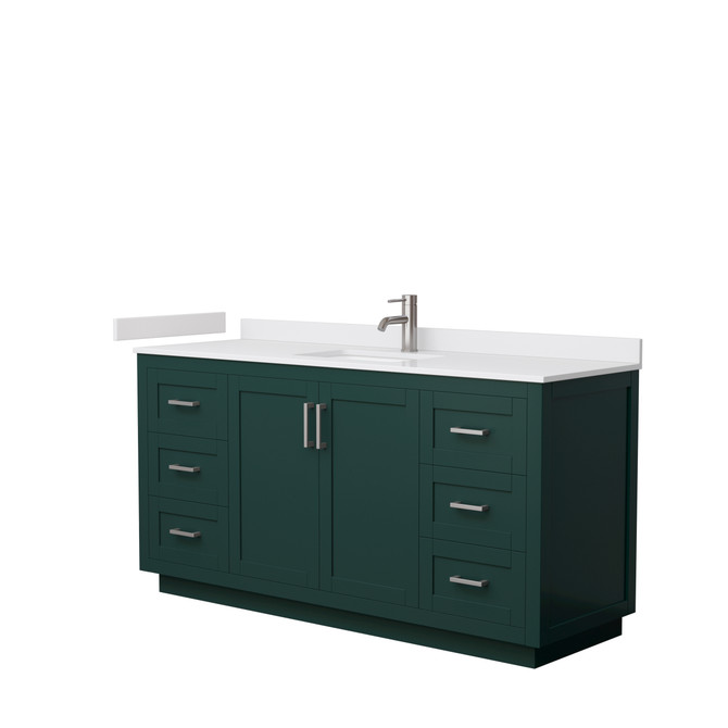 Miranda 66 Inch Single Bathroom Vanity in Green, White Cultured Marble Countertop, Undermount Square Sink, Brushed Nickel Trim