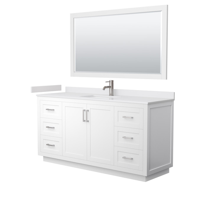 Miranda 66 Inch Single Bathroom Vanity in White, White Cultured Marble Countertop, Undermount Square Sink, Brushed Nickel Trim, 58 Inch Mirror