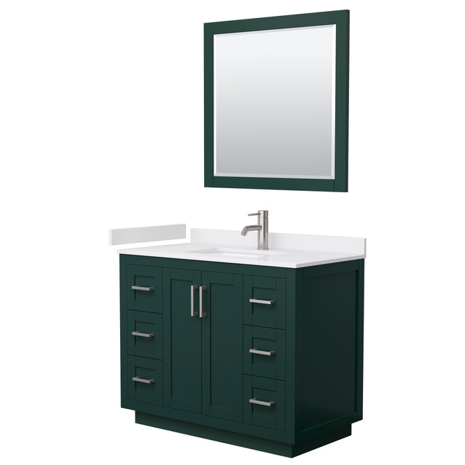 Miranda 42 Inch Single Bathroom Vanity in Green, White Cultured Marble Countertop, Undermount Square Sink, Brushed Nickel Trim, 34 Inch Mirror