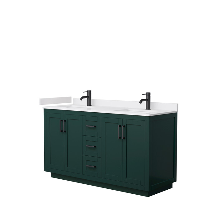 Miranda 60 Inch Double Bathroom Vanity in Green, White Cultured Marble Countertop, Undermount Square Sinks, Matte Black Trim