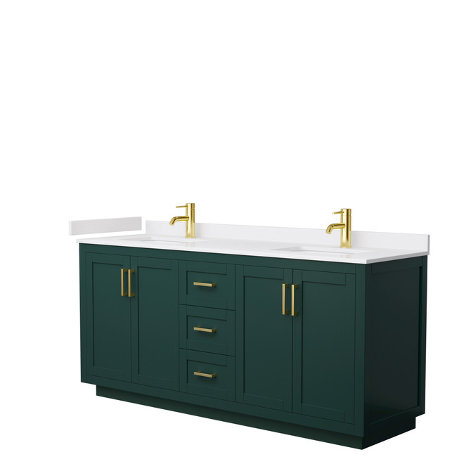 Miranda 72 Inch Double Bathroom Vanity in Green, White Cultured Marble Countertop, Undermount Square Sinks, Brushed Gold Trim