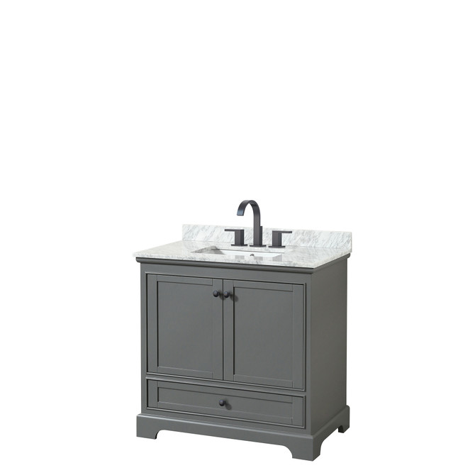 Deborah 36 Inch Single Bathroom Vanity in Dark Gray, White Carrara Marble Countertop, Undermount Square Sink, Matte Black Trim