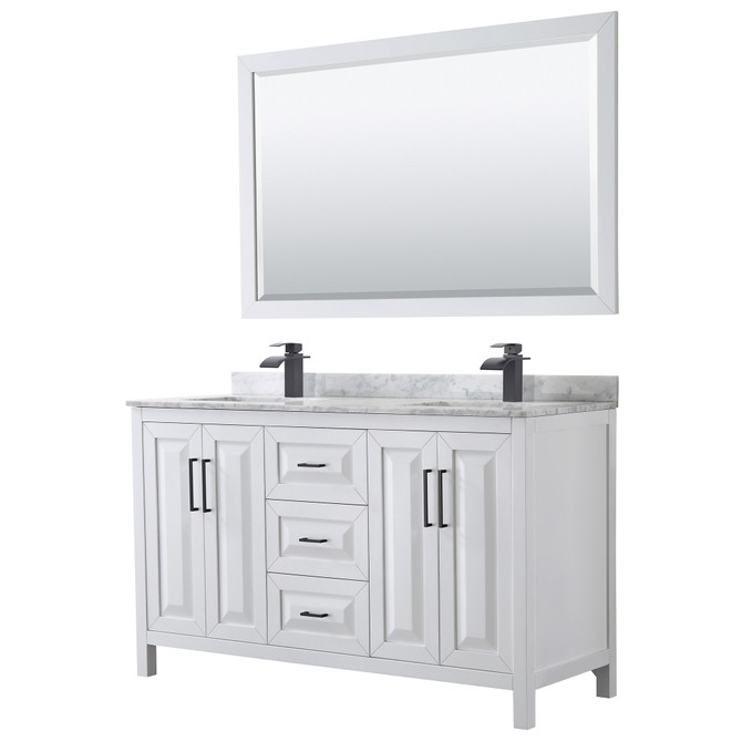 Daria 60 Inch Double Bathroom Vanity in White, White Carrara Marble Countertop, Undermount Square Sinks, Matte Black Trim, 58 Inch Mirror