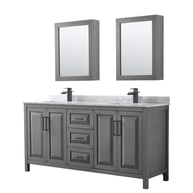 Daria 72 Inch Double Bathroom Vanity in Dark Gray, White Carrara Marble Countertop, Undermount Square Sinks, Matte Black Trim, Medicine Cabinets