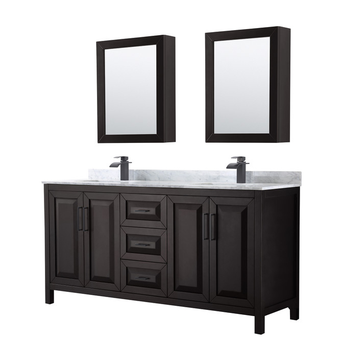 Daria 72 Inch Double Bathroom Vanity in Dark Espresso, White Carrara Marble Countertop, Undermount Square Sinks, Matte Black Trim, Medicine Cabinets