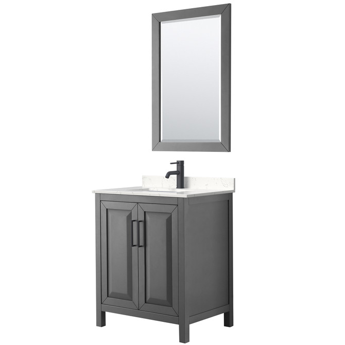 Daria 30 Inch Single Bathroom Vanity in Dark Gray, Carrara Cultured Marble Countertop, Undermount Square Sink, Matte Black Trim, 24 Inch Mirror