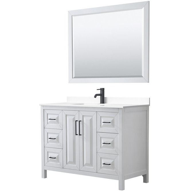 Daria 48 Inch Single Bathroom Vanity in White, White Cultured Marble Countertop, Undermount Square Sink, Matte Black Trim, 46 Inch Mirror
