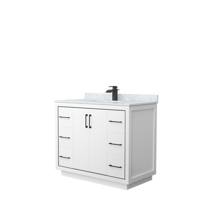 Icon 42 Inch Single Bathroom Vanity in White, White Carrara Marble Countertop, Undermount Square Sink, Matte Black Trim