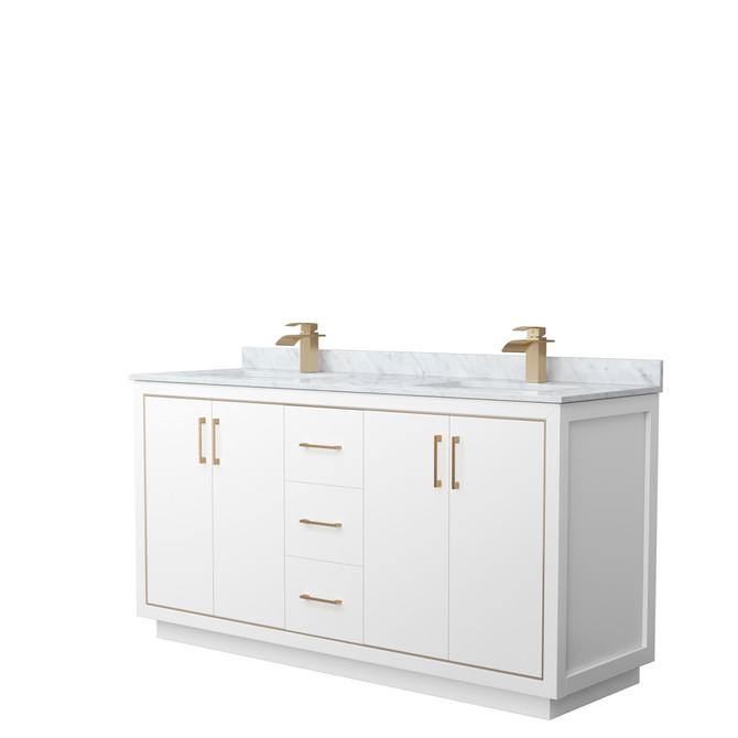 Icon 66 Inch Double Bathroom Vanity in White, White Carrara Marble Countertop, Undermount Square Sinks, Satin Bronze Trim