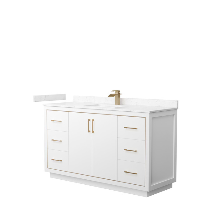 Icon 60 Inch Single Bathroom Vanity in White, Carrara Cultured Marble Countertop, Undermount Square Sink, Satin Bronze Trim