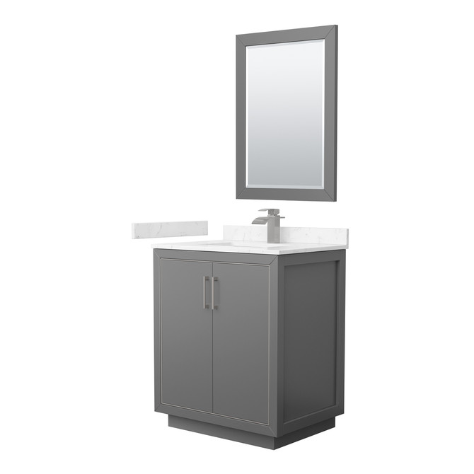 Icon 30 Inch Single Bathroom Vanity in Dark Gray, Carrara Cultured Marble Countertop, Undermount Square Sink, Brushed Nickel Trim, 24 Inch Mirror