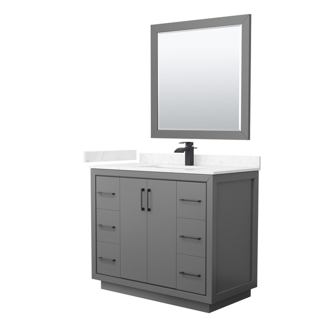 Icon 42 Inch Single Bathroom Vanity in Dark Gray, Carrara Cultured Marble Countertop, Undermount Square Sink, Matte Black Trim, 34 Inch Mirror