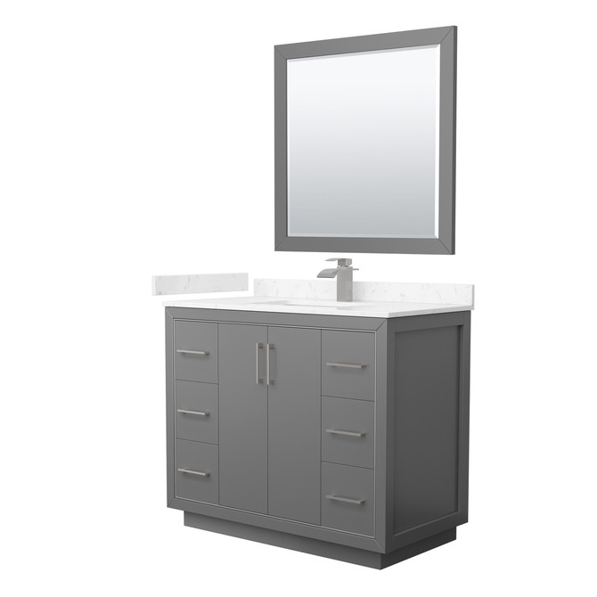 Icon 42 Inch Single Bathroom Vanity in Dark Gray, Carrara Cultured Marble Countertop, Undermount Square Sink, Brushed Nickel Trim, 34 Inch Mirror