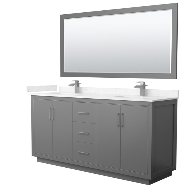 Icon 72 Inch Double Bathroom Vanity in Dark Gray, Carrara Cultured Marble Countertop, Undermount Square Sinks, Brushed Nickel Trim, 70 Inch Mirror