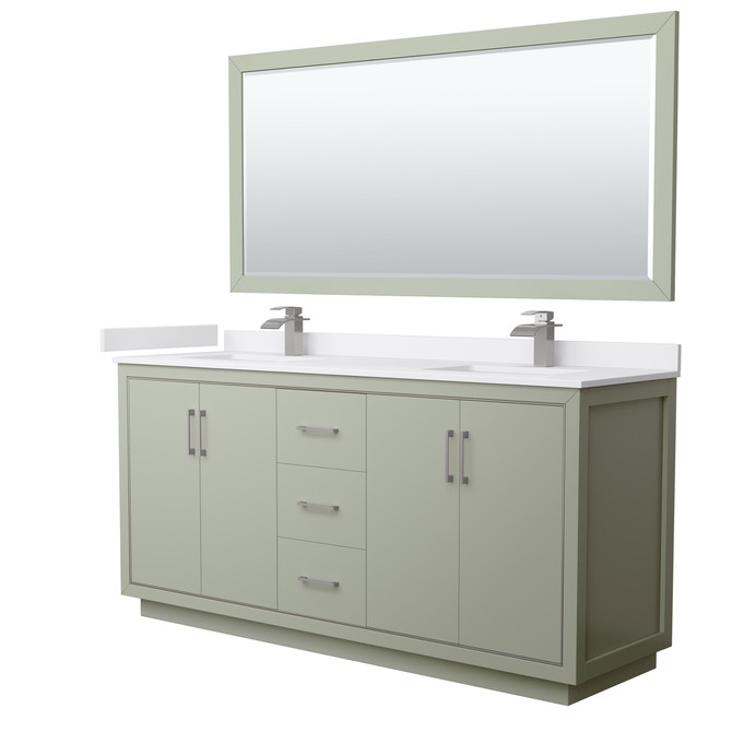 Icon 72 Inch Double Bathroom Vanity in Light Green, White Cultured Marble Countertop, Undermount Square Sinks, Brushed Nickel Trim, 70 Inch Mirror