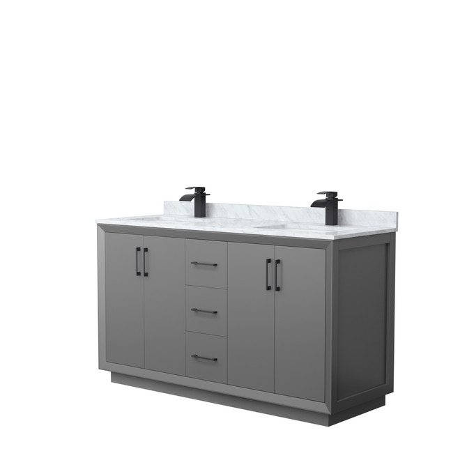 Strada 60 Inch Double Bathroom Vanity in Dark Gray, White Carrara Marble Countertop, Undermount Square Sink, Matte Black Trim