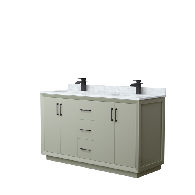 Strada 60 Inch Double Bathroom Vanity in Light Green, White Carrara Marble Countertop, Undermount Square Sinks, Matte Black Trim