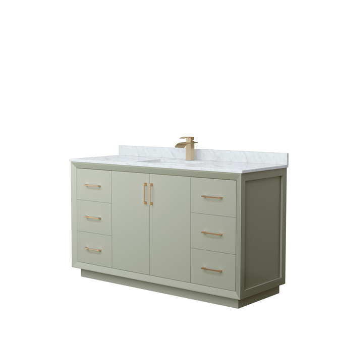 Strada 60 Inch Single Bathroom Vanity in Light Green, White Carrara Marble Countertop, Undermount Square Sink, Satin Bronze Trim